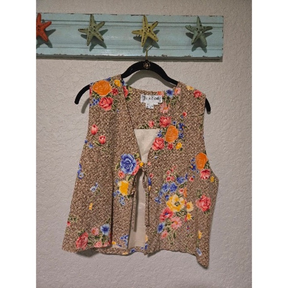Vintage Diane von Furstenberg Silk Floral Tie Front Vest Tan Multicolor Small